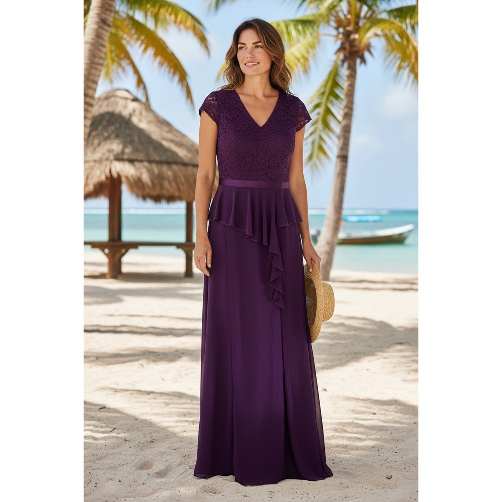 Missmayβ Purple Lace Peplum Maxi Dress V-Neck Cap Sleeve Formal Gown XXL NWT